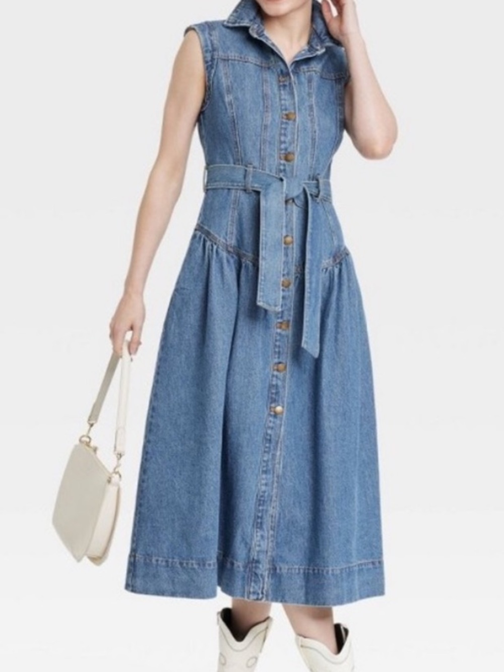 Universal Thread Blue Sleeveless Tie-Waist Denim Midi Dress - Picture 3 of 13